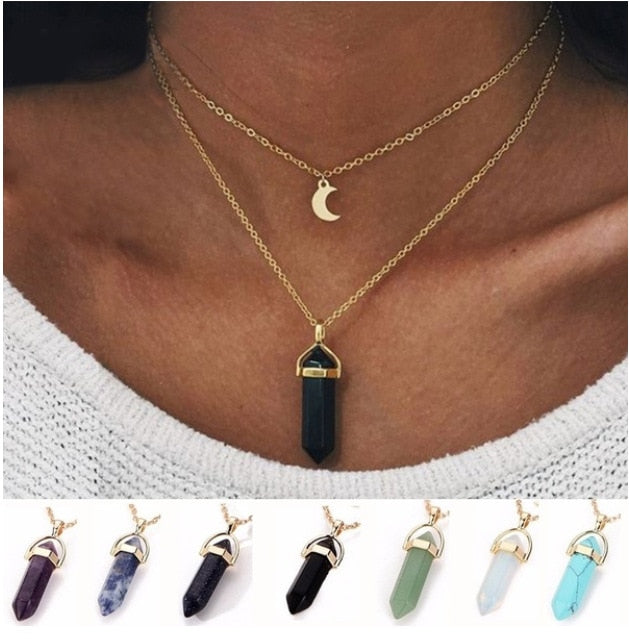 Chakra Necklace Hexagon Column Fashion Moon Crescent Bullet Pendulum Pendant Necklace - IndieGlow